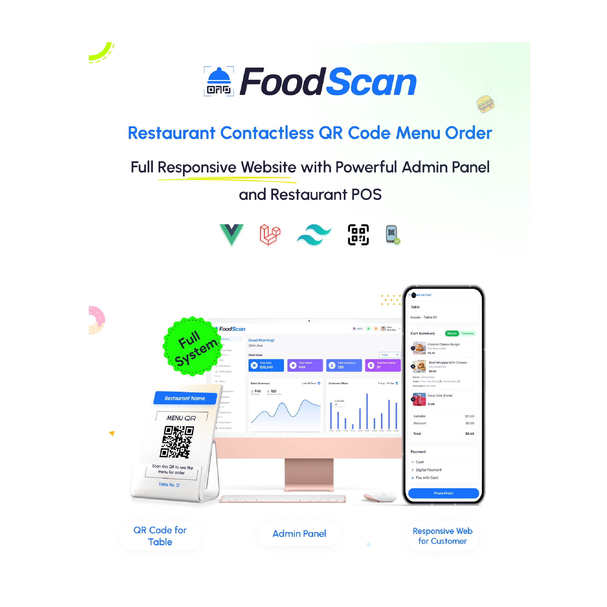 隆重推出 FoodScan – 非接触式餐桌点餐系统和 QR 菜单制作工具。顾客只需扫描二维码、浏览菜单、下订单即可享用。安全无缝的用餐体验。